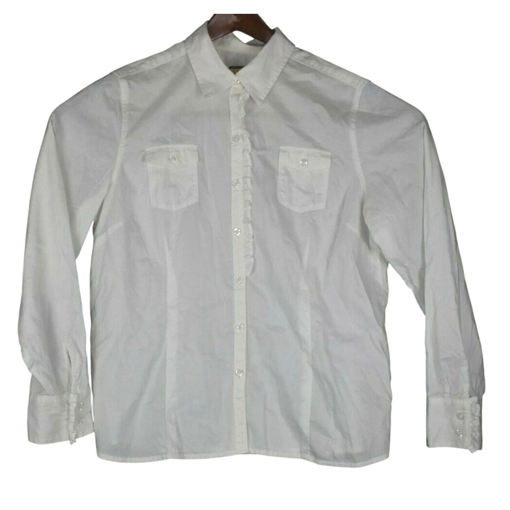 GH Bass Button Down Shirt Womens XL White Ruffle Trim Long Sleeve Cotton Blouse